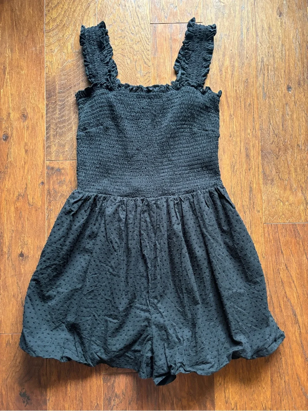 Black Smocked Romper Ruffle Strap Swiss Dot Shorts | Size L - Picture 5 of 11
